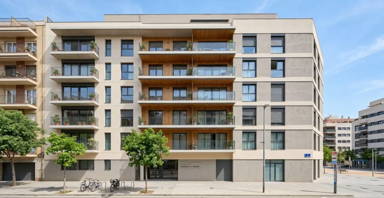 Vista angular amplia de fachada de edificio residencial moderno con balcones y arquitectura contemporánea en entorno urbano español con luz natural diurna