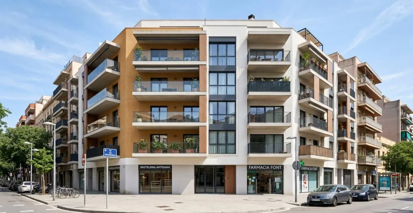 Vista angular amplia de fachada de edificio residencial moderno con balcones y arquitectura contemporánea en entorno urbano español con luz natural diurna