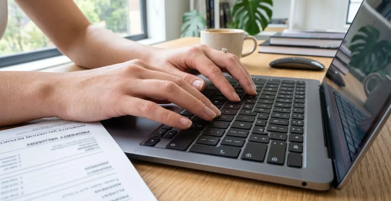 Primer plano extremo de manos escribiendo en teclado de portátil con informe de valoración parcialmente visible sobre escritorio contemporáneo