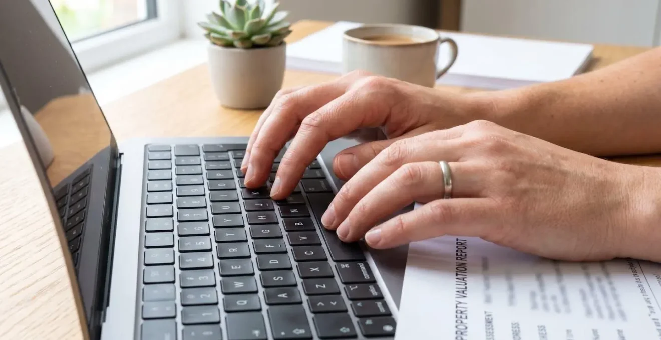 Primer plano extremo de manos escribiendo en teclado de portátil con informe de valoración parcialmente visible sobre escritorio contemporáneo