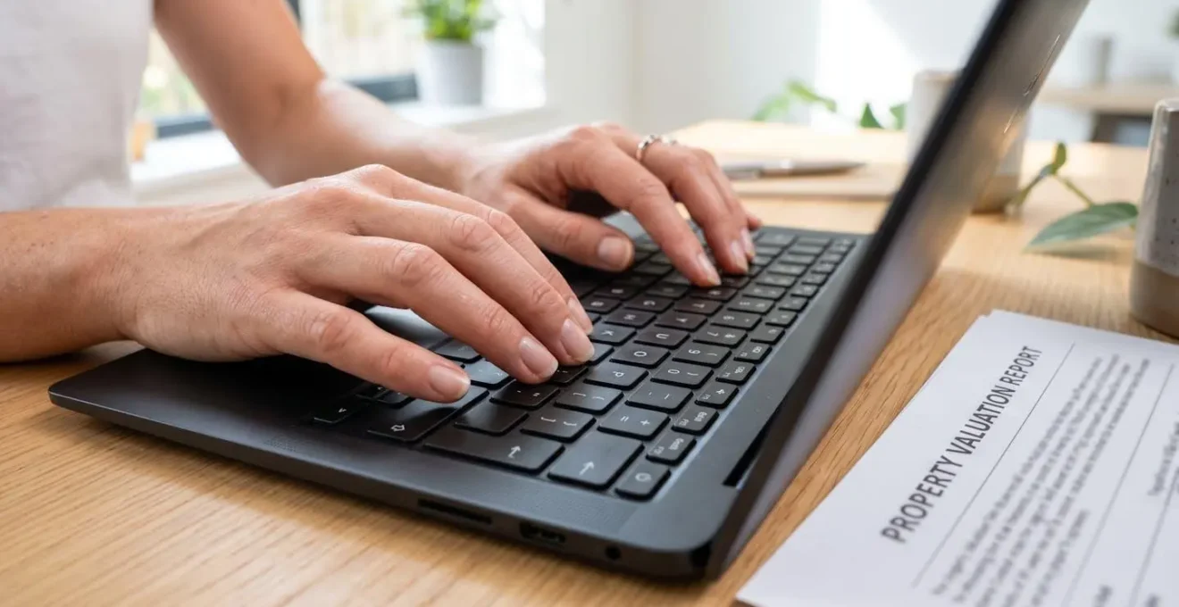 Primer plano extremo de manos escribiendo en teclado de portátil con informe de valoración parcialmente visible sobre escritorio contemporáneo