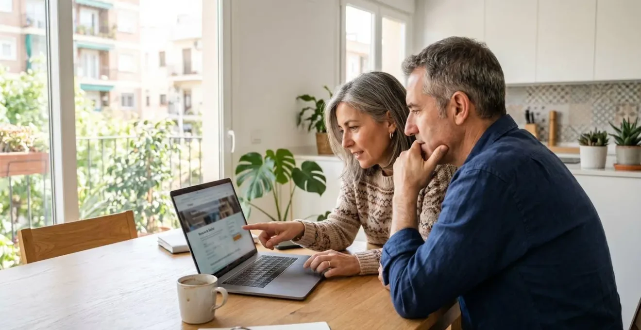 Pareja de mediana edad sentada en mesa contemporánea consultando juntos pantalla de portátil en interior luminoso de vivienda española