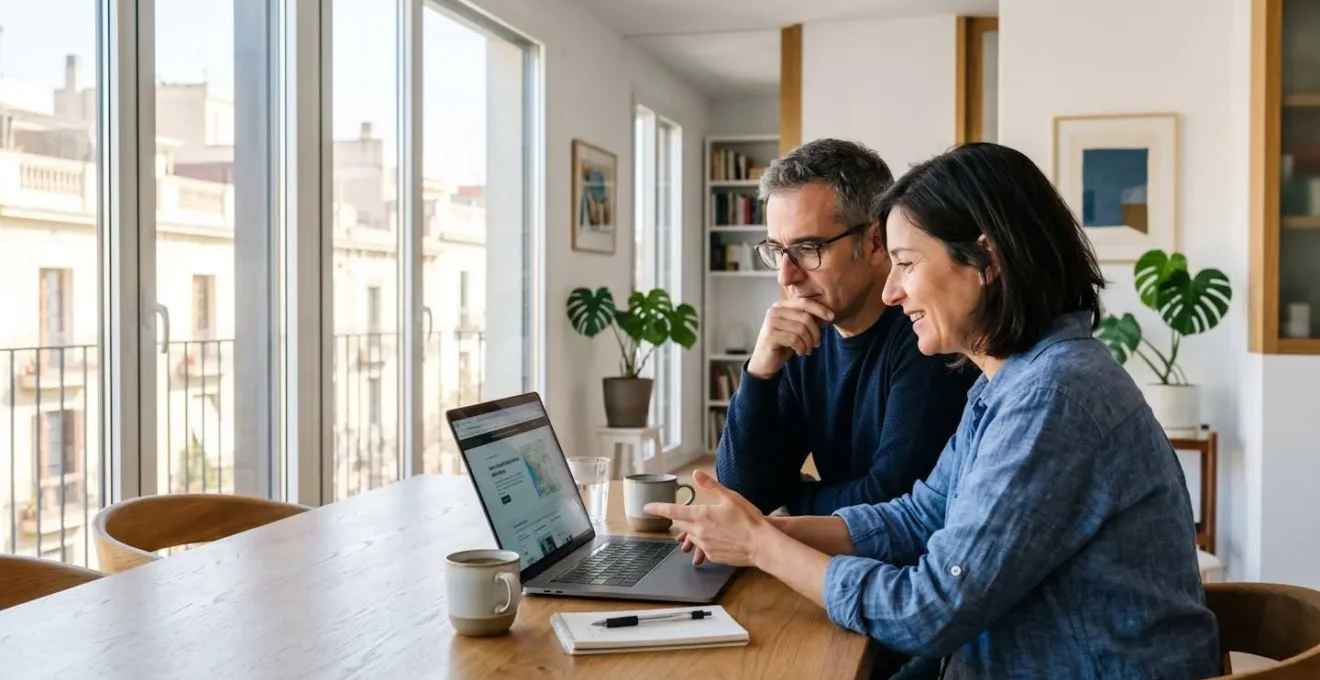 Pareja de mediana edad sentada en mesa contemporánea consultando juntos pantalla de portátil en interior luminoso de vivienda española
