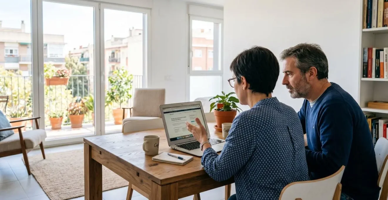Pareja de mediana edad sentada en mesa contemporánea consultando juntos pantalla de portátil en interior luminoso de vivienda española