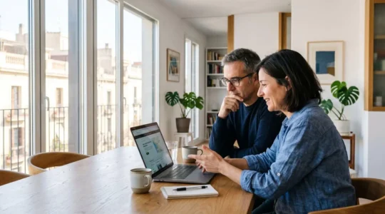 Pareja de mediana edad sentada en mesa contemporánea consultando juntos pantalla de portátil en interior luminoso de vivienda española