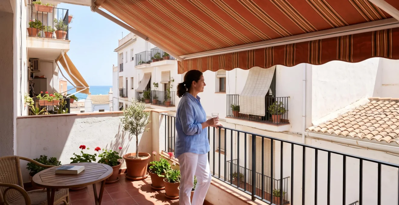 Mujer utilizando una logia española protegida por un toldo desplegado durante un día soleado de verano