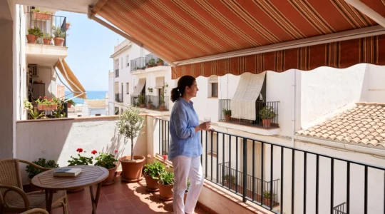 Mujer utilizando una logia española protegida por un toldo desplegado durante un día soleado de verano