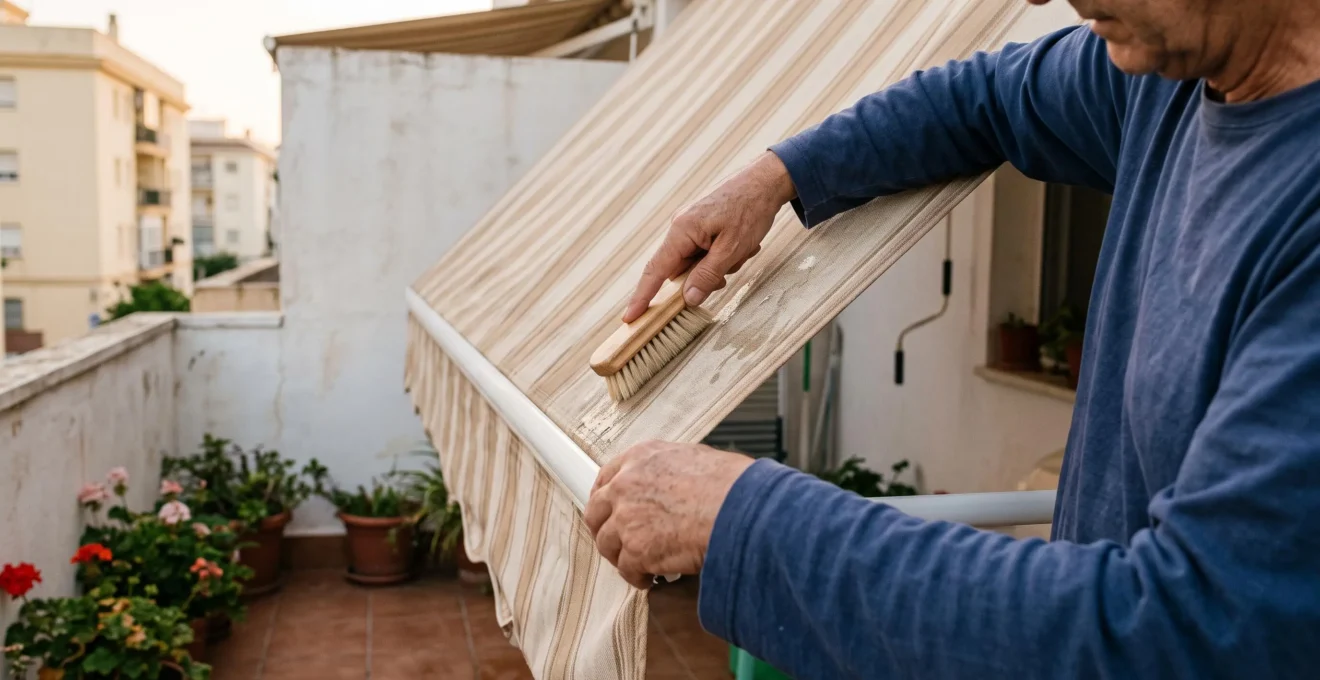Limpieza de la lona de un toldo con un cepillo suave, primer plano del mantenimiento del sistema de protección solar